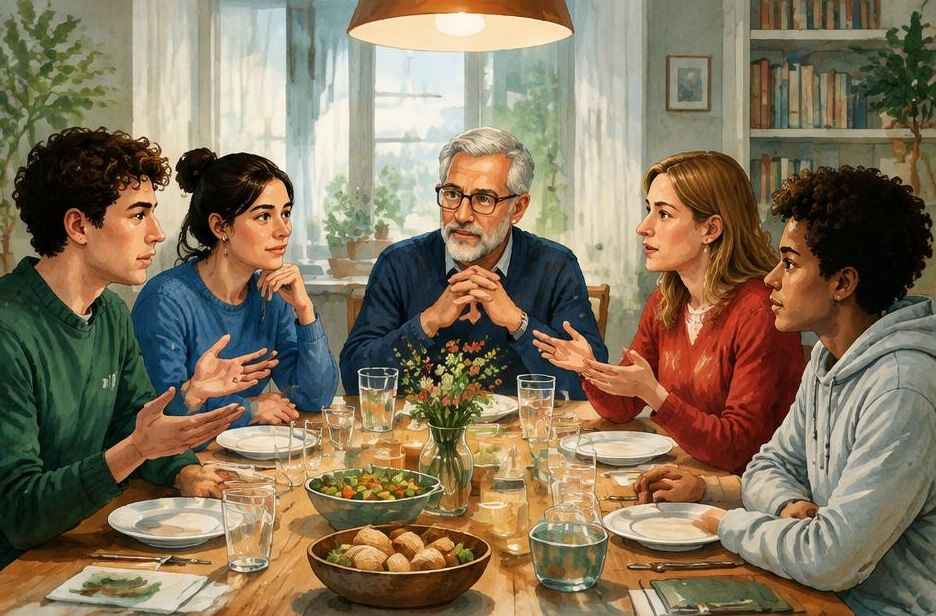 KI-generierte Illustration zum Thema: Mit Andersdenkenden reden: Wie Streit gelingt, ohne die Familie zu spalten